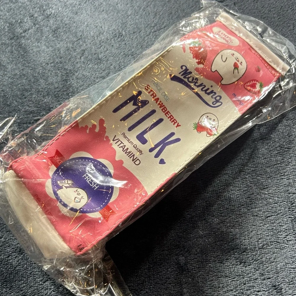 Kawaii Strawberry Milk Carton Pencil Case Cute Makeup Bag